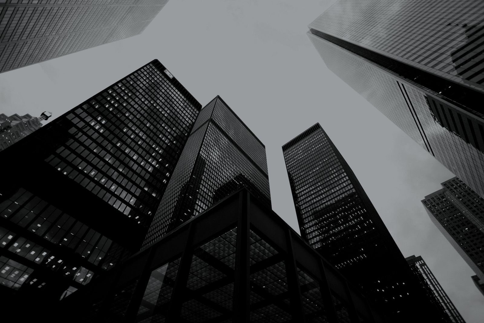 Glass towers seen from street level, in black and silver
