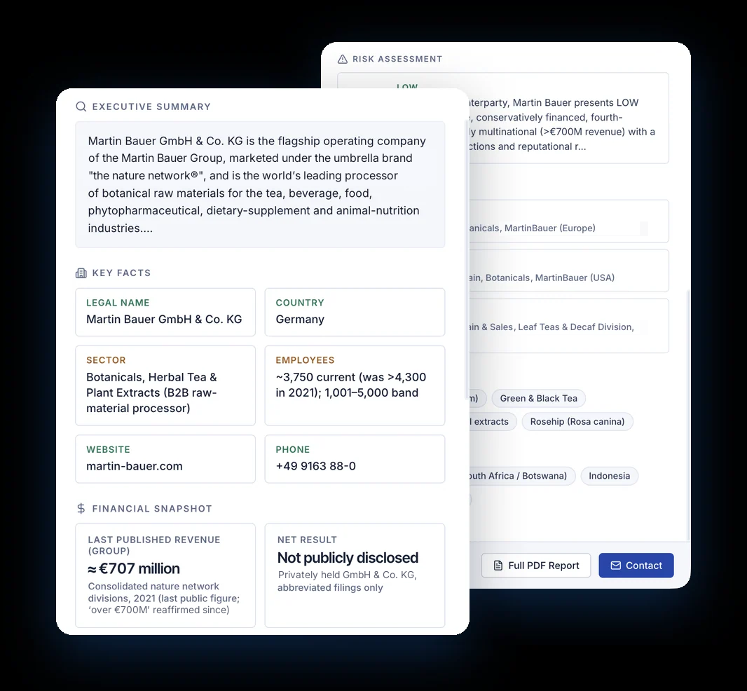 ShipScout company intelligence report with executive summary, key facts and financial snapshot