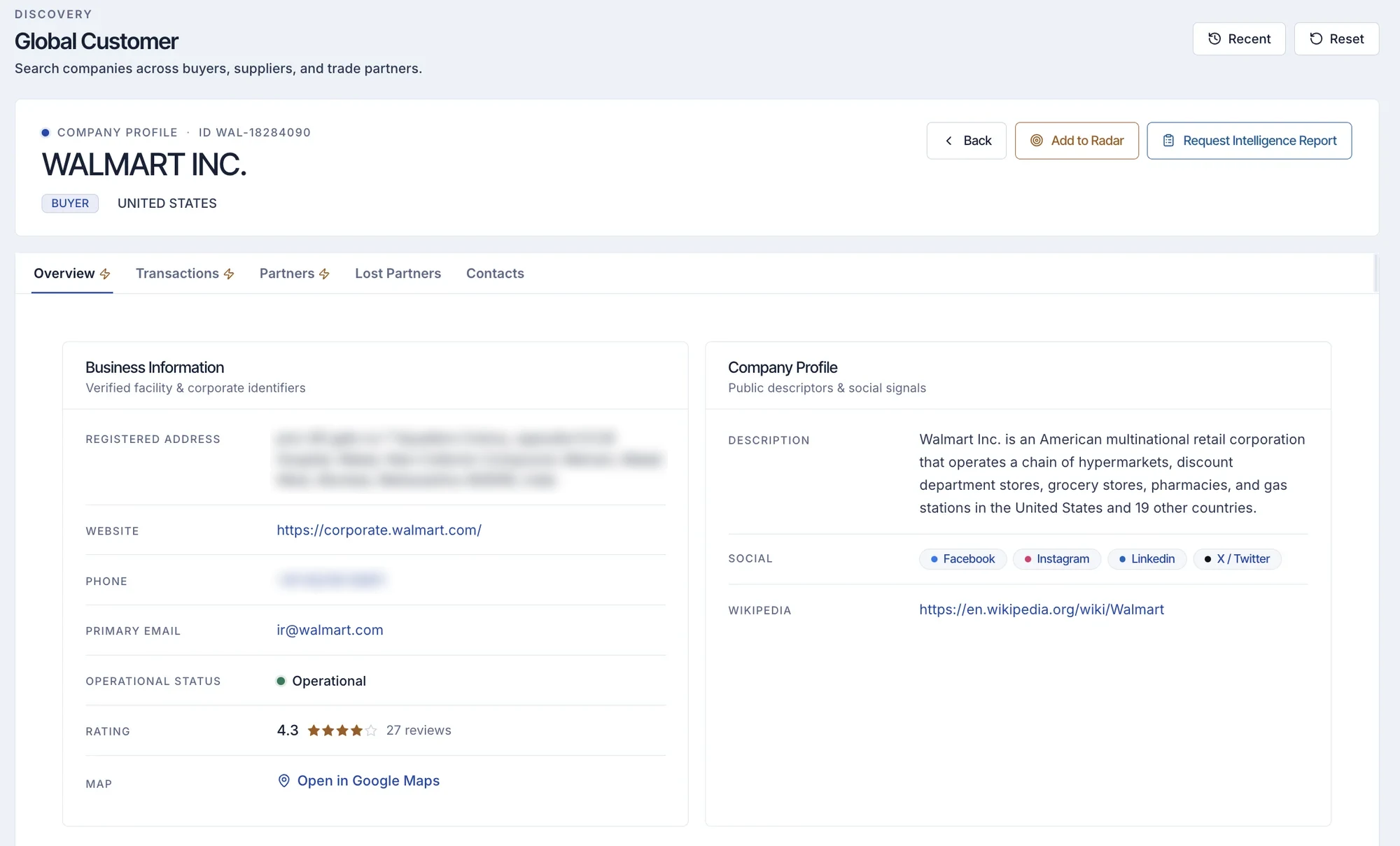 ShipScout company profile with business information, contacts and tabs for transactions, partners and lost partners