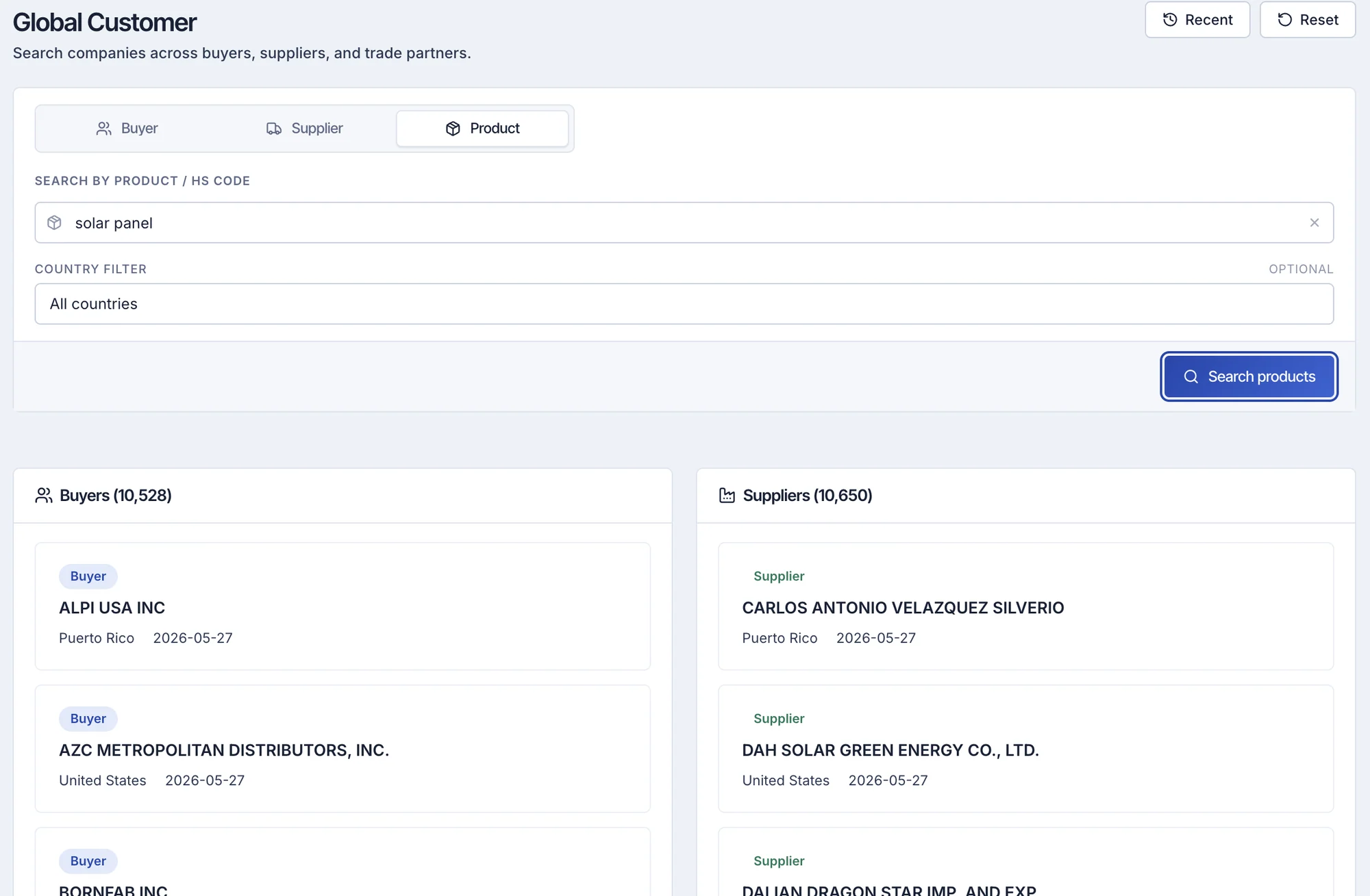 ShipScout product search showing buyers and suppliers for solar panels